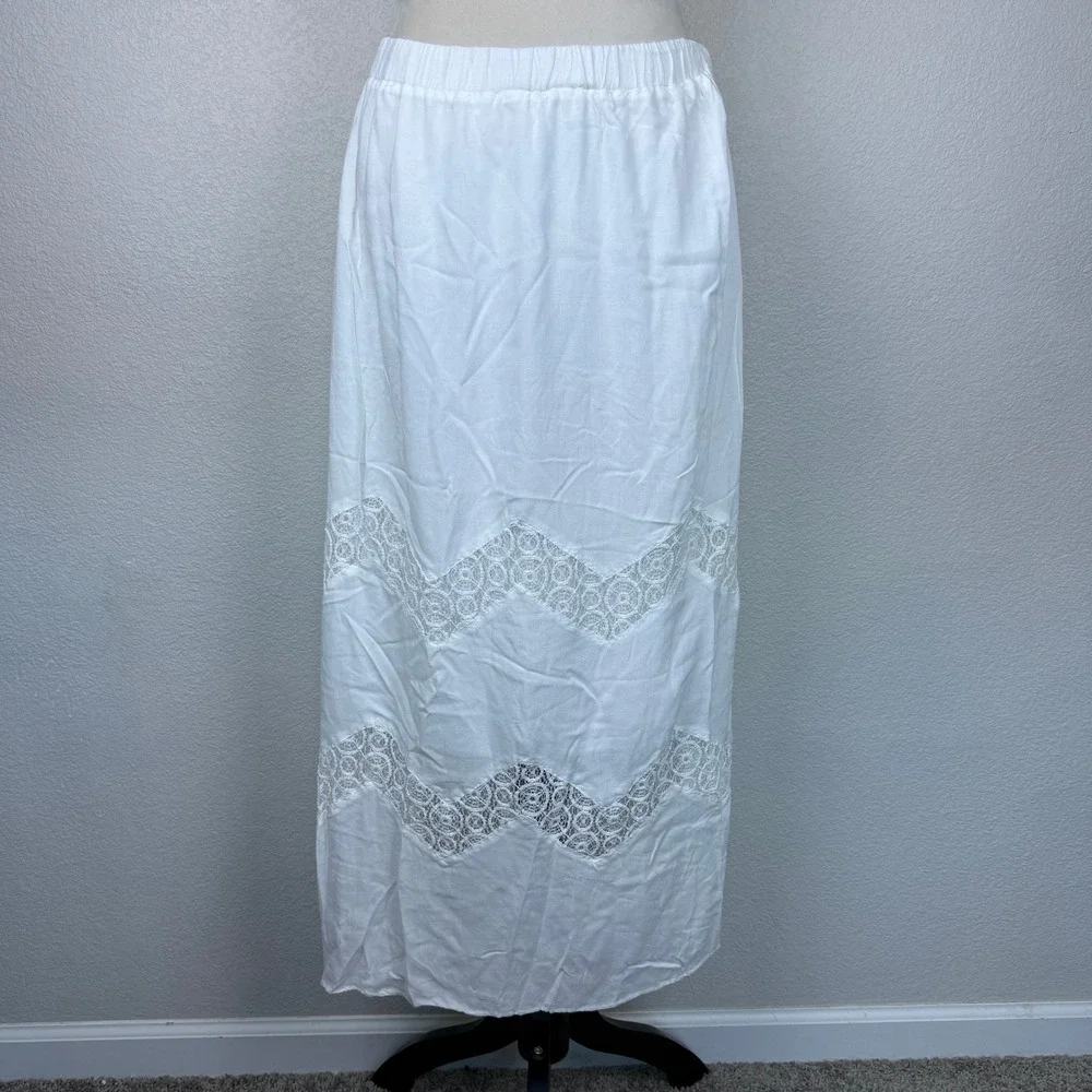 Tribal White‎ Maxi Skirt Women's Elastic Waist Crochet Lace Blocking Trim Boho